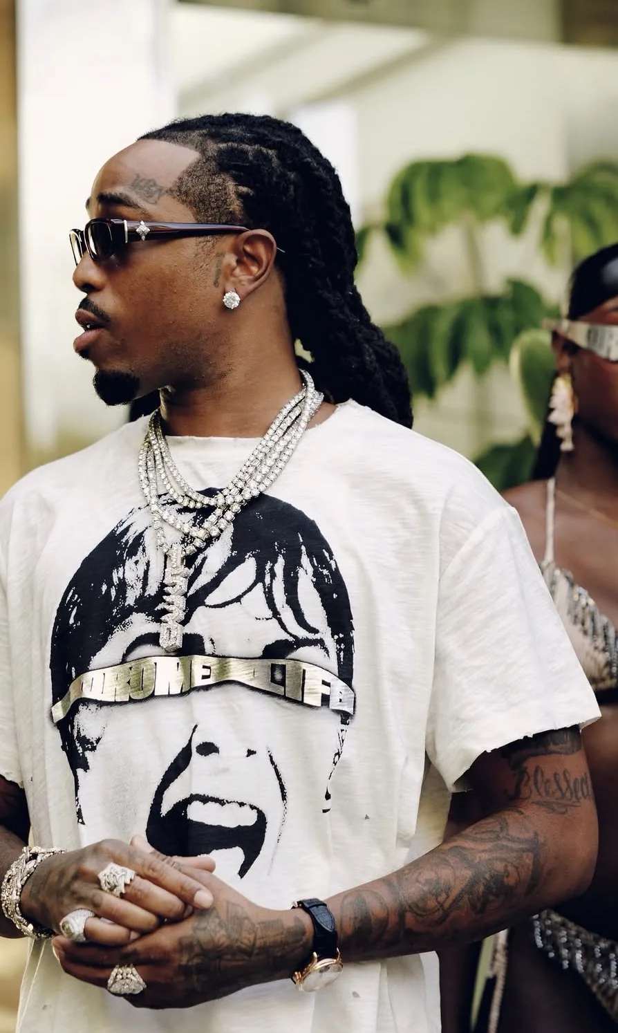 Quavo wearing the White QRÖME Face Tee