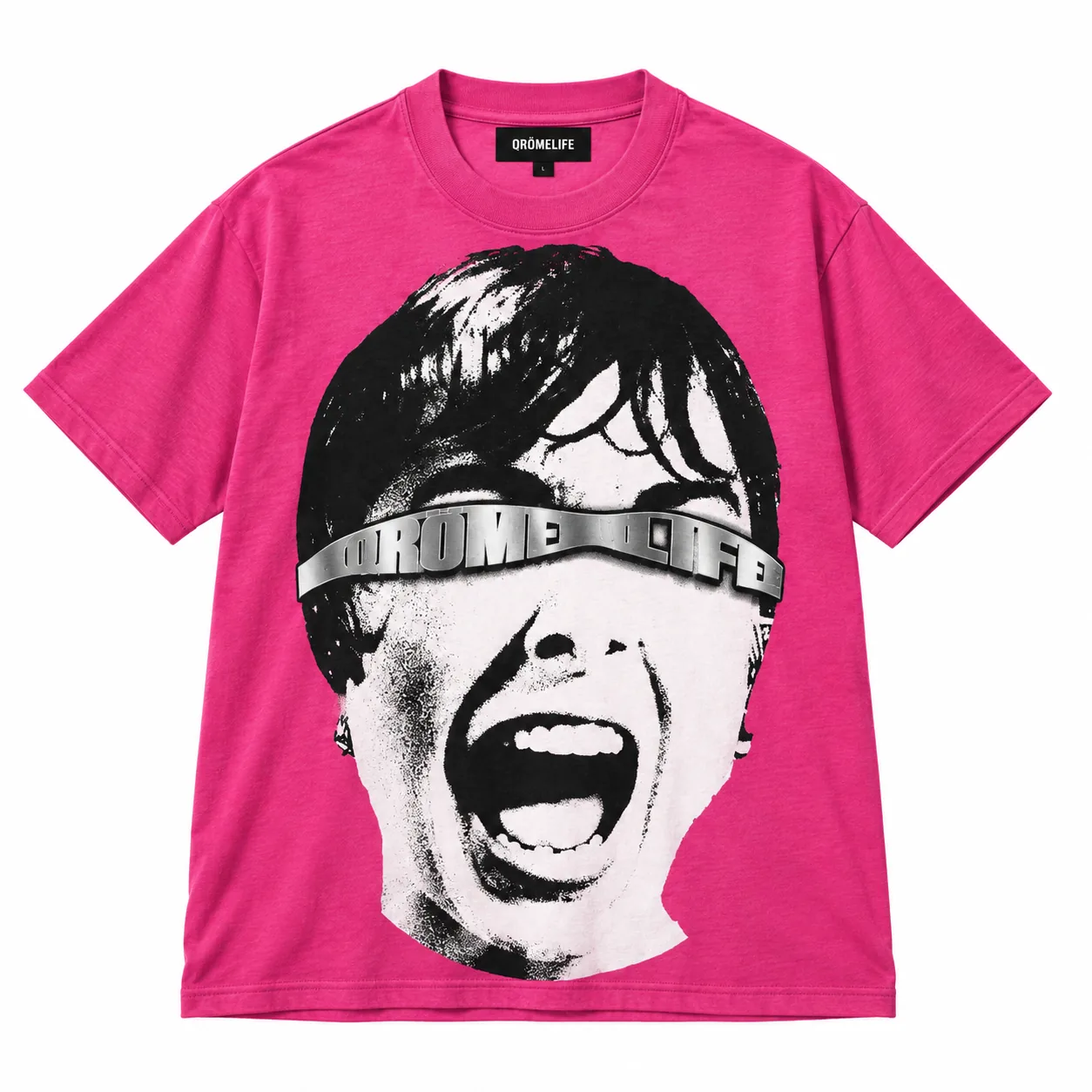 Pink QRÖME Face Tee, front studio view